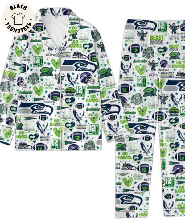 [AVAILABLE] Limited Editon 2023 Seahawks Blitx 12 Seattle Mascot Design White Pijamas Set