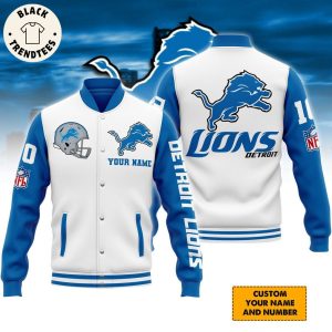 Personalized Detroit Lions NFL White Bule Design Baseball Jacket