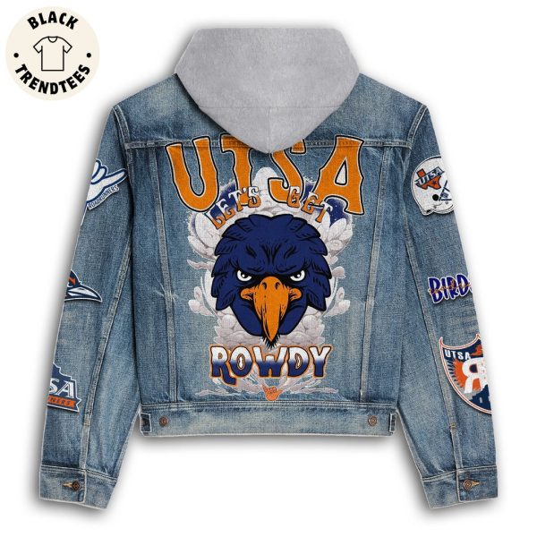 UTSA Roadrunners Football Lets Get Rowdy Mascot Design Hooded Denim Jacket