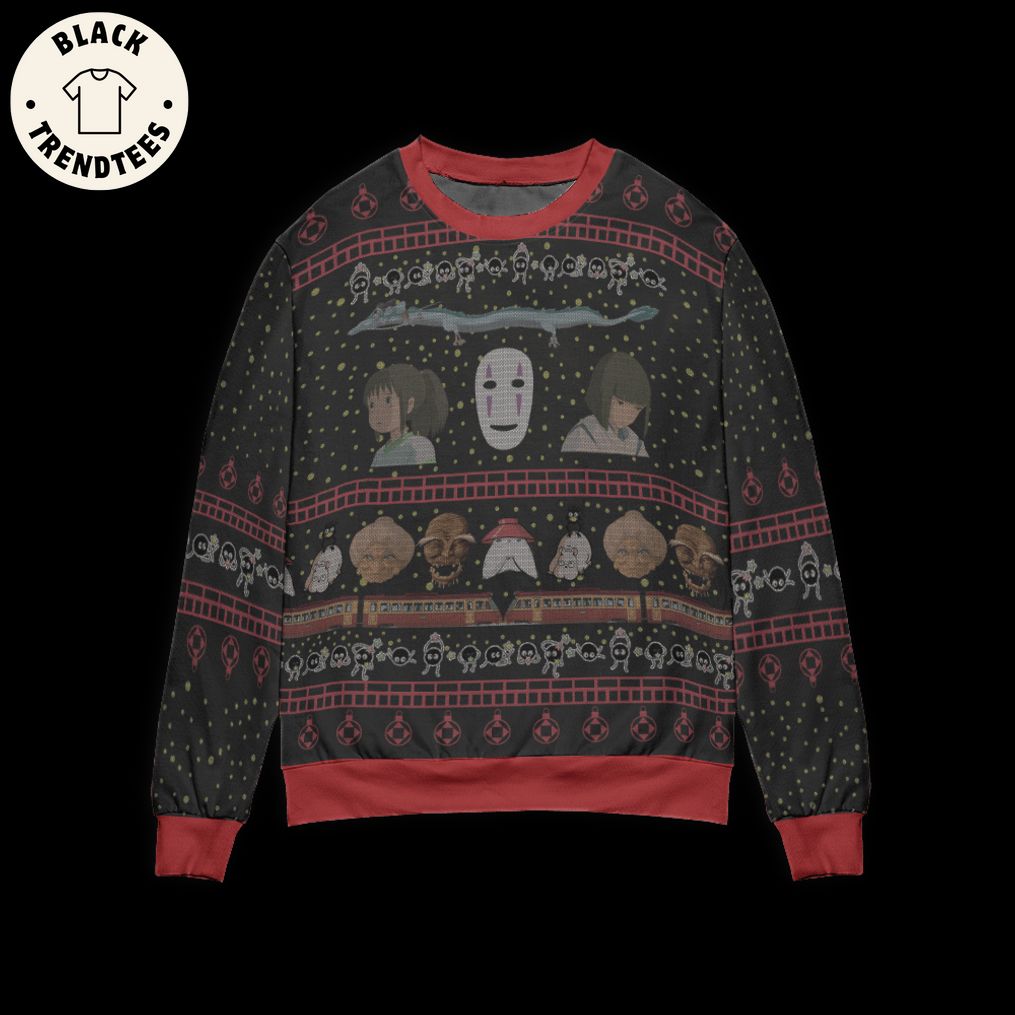 Spirited Away Characters Christmas Black Design 3D Sweater