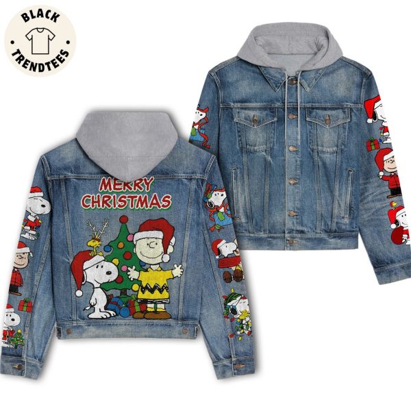 Merry Christmas Snoopy Design Hooded Denim Jacket