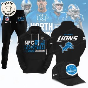 NFC North Division Champions Detroit Lions 2023 Nike Logo Black Design Hoodie Longpant Cap Set