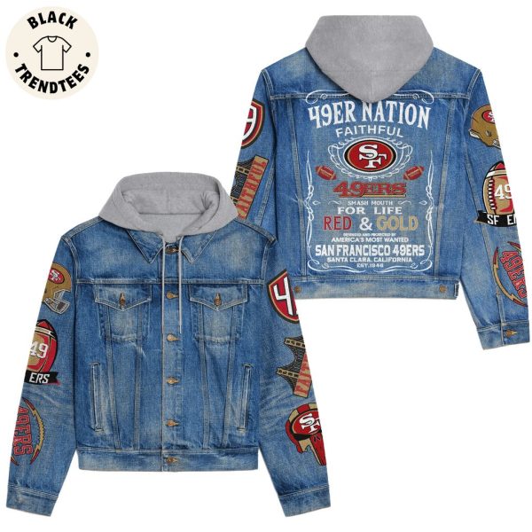 49er Nation Faithful Red And Gold Logo Design Hooded Denim Jacket