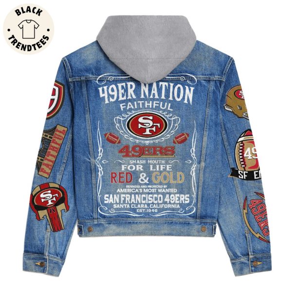 49er Nation Faithful Red And Gold Logo Design Hooded Denim Jacket