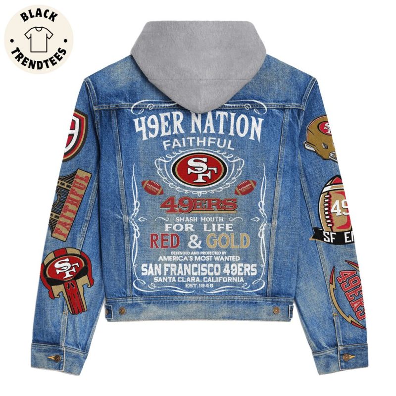 49er Nation Faithful Red And Gold Logo Design Hooded Denim Jacket ...