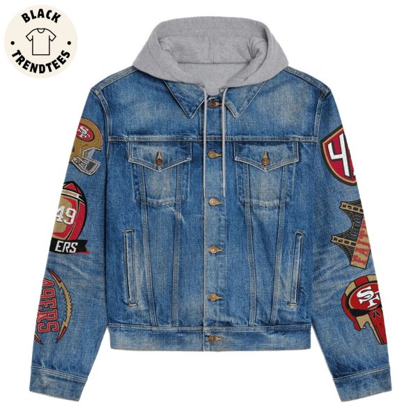 49er Nation Faithful Red And Gold Logo Design Hooded Denim Jacket