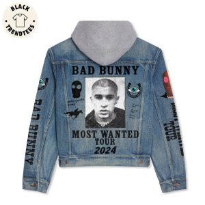 Bad Bunny Most Wanted Tour 2024 Portrait Design Hooded Denim Jacket