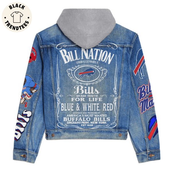 Bill Nation Unbillevable Bills Smash Nouth For Life Blue White And Red Logo Design Hooded Denim Jacket