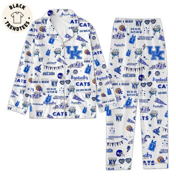 Go Big Blue Kentucky Roll Cats White Design Pajamas Set