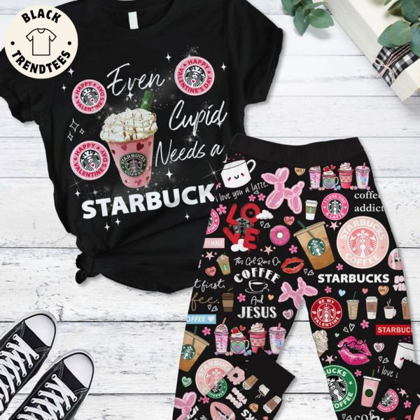 Happy Valentine Event Cupid Needs A Starbucks Black Design Pajamas Set