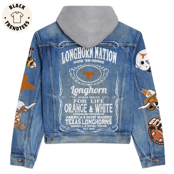 Longhorn Nation Hook Em Horns Smash Mouth For Life Orange White Hooded Denim Jacket