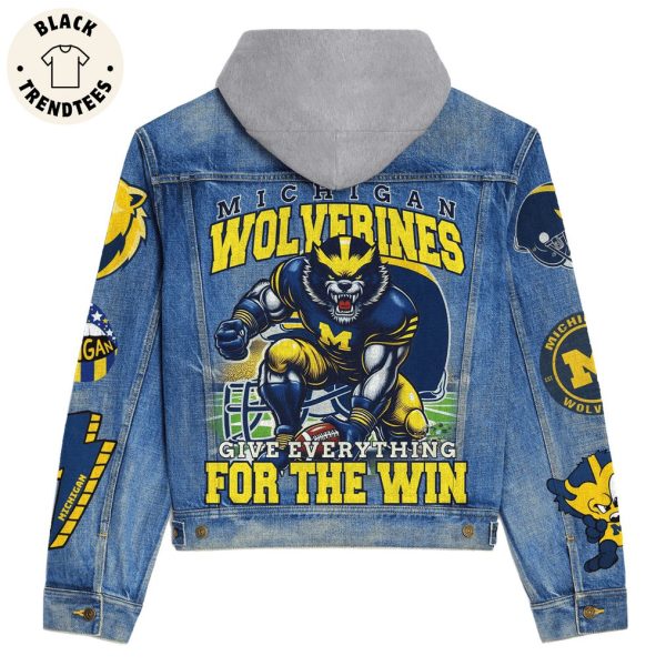 Michigan Wolverines Give Everything For The Win Mascot Hooded Denim Jacket