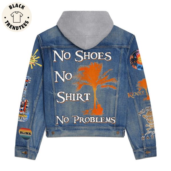 No Shoes No Shirt No Problems Logo Design Hooded Denim Jacket