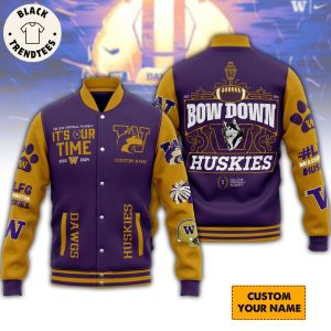 Personalized Bow Down Huskies Purple Design Baseball Jacket