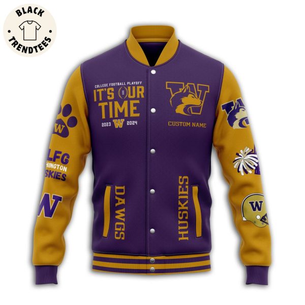 Personalized Bow Down Huskies Purple Design Baseball Jacket