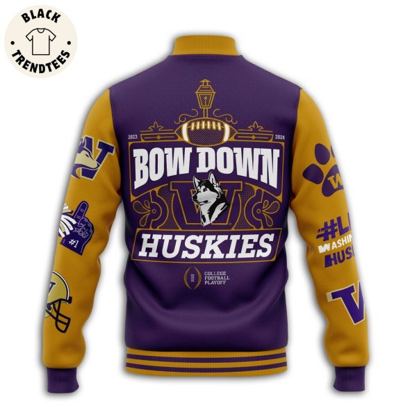 Personalized Bow Down Huskies Purple Design Baseball Jacket