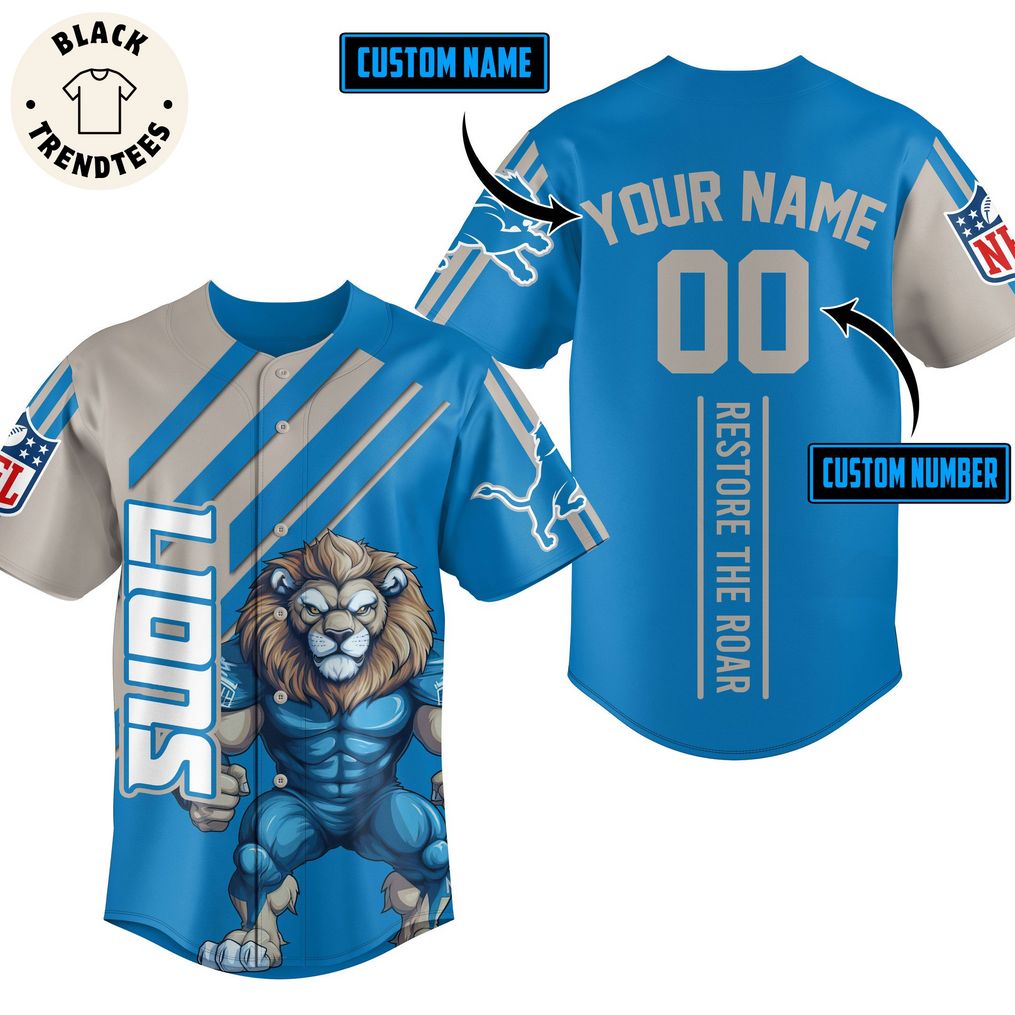 Personalized Lions Restore The Roar NFL Blue Design Baseball Jersey