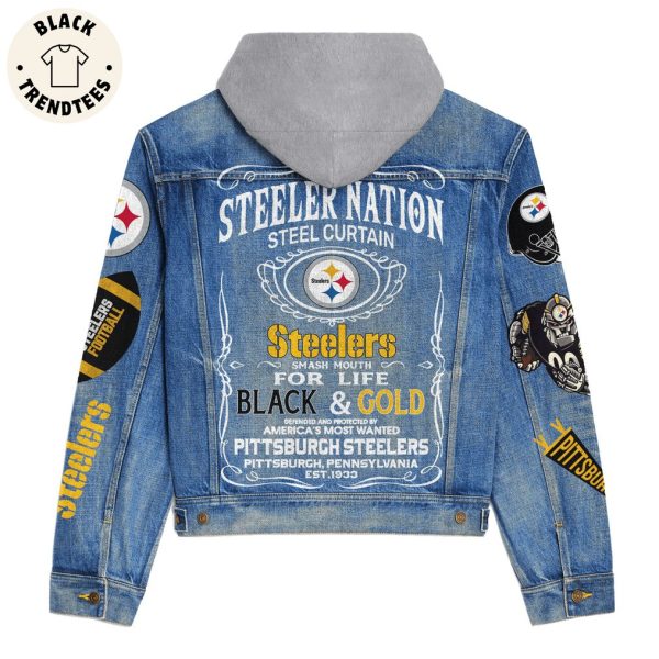 Steeler Nation Steel Curtain For Life Black And Gold Logo Design Hooded Denim Jacket