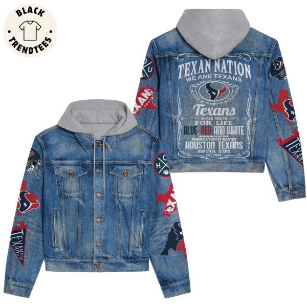 Texan Nation We Are Taxans Blue Red And White Hooded Denim Jacket