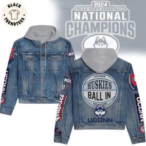 Uconn Connecticut Huskies Ball In Houston Mascot Design Hooded Denim Jacket