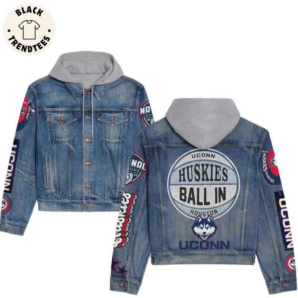 Uconn Connecticut Huskies Ball In Houston Mascot Design Hooded Denim Jacket