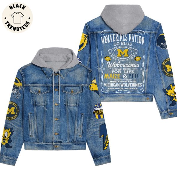 Wolverines Nation Go Blue Michigan Logo Design Hooded Denim Jacket