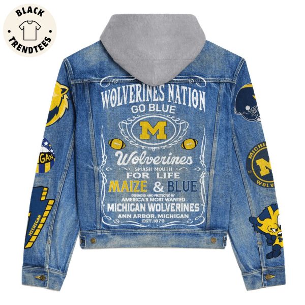 Wolverines Nation Go Blue Michigan Logo Design Hooded Denim Jacket