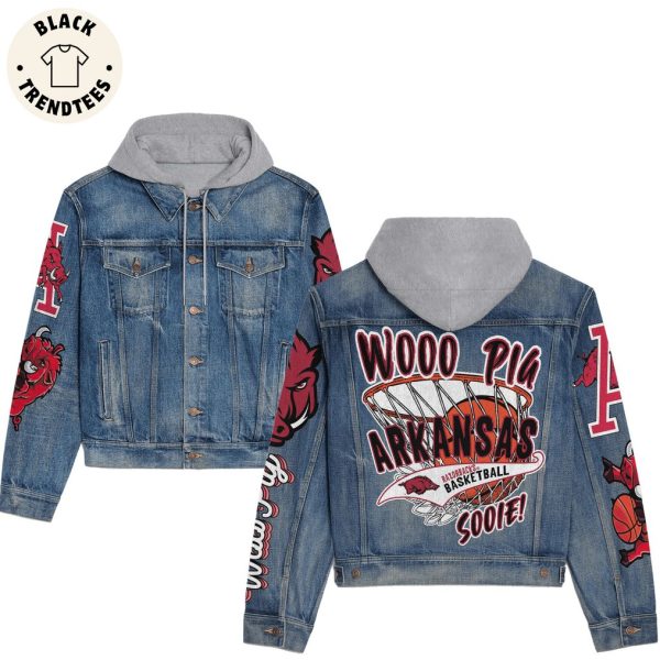 Wooo Pig Arkansas Razorbacks Baseketball Sooie Hooded Denim Jacket