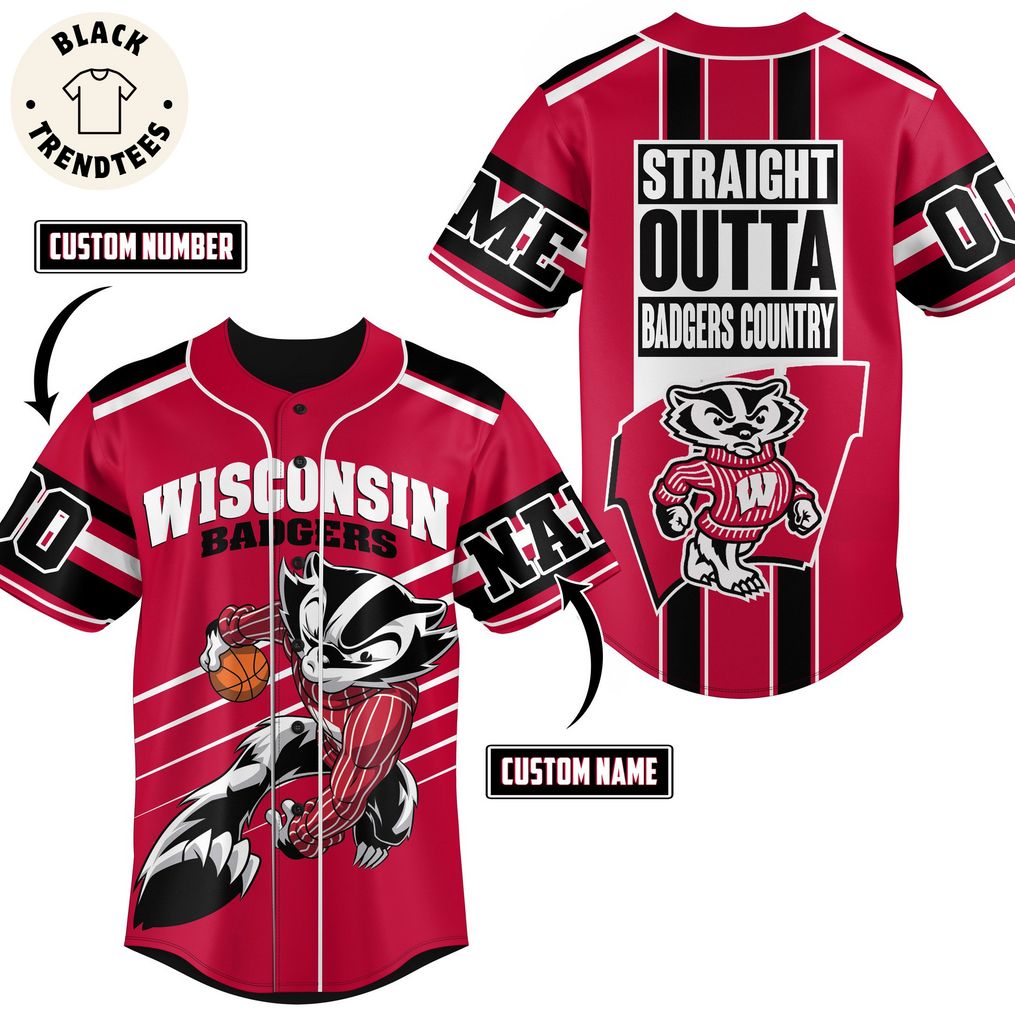 Personalized Wisconsin Badgers Mascot Red Design Baseball Jersey
