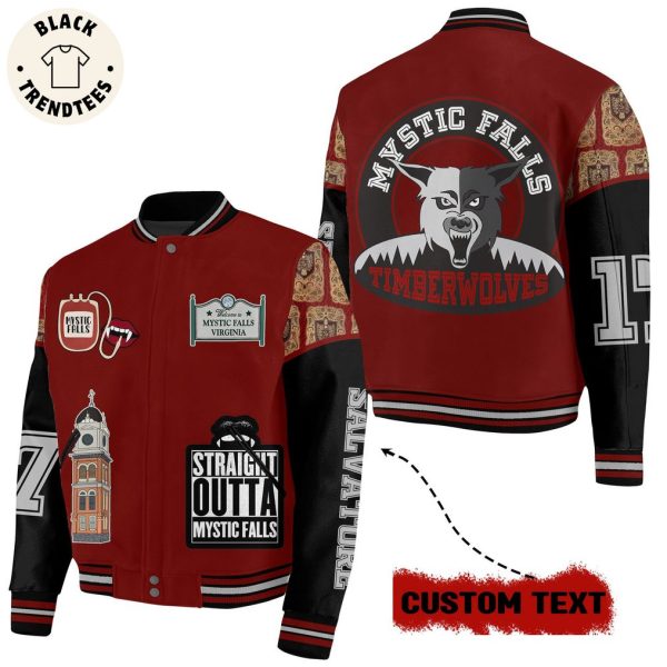 Straight Outta Mystic Falls Timberwolves Red Design Baseball Jacket