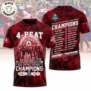 4-Peat NCAA Softball National Champions 2024 Oklahoma Sooners Special Design 3D T-Shirt